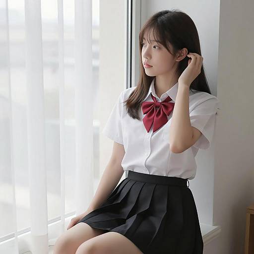 Asian Woman on Windowsill in Soft Light