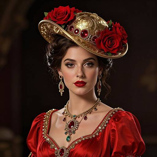 Photograph of a fair-skinned woman with dark hair, wearing a red velvet dress adorned with gold and red gemstones, and an elaborate gold hat