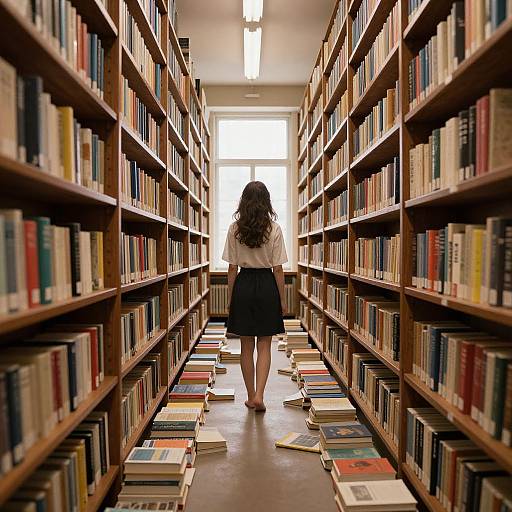 Photograph of a woman with curly hair, white blouse, black skirt, standing barefoot in a library aisle, surrounded by bookshelves and scattered