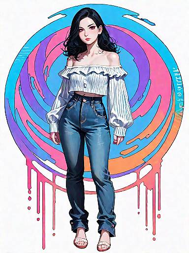 Stylish Woman in Off-Shoulder Top and Jeans