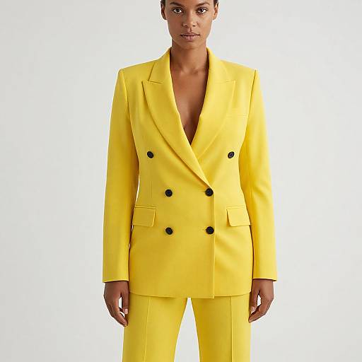 Photograph of a Black woman in a vibrant yellow double-breasted suit with black buttons, standing against a plain white background.