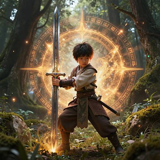 Young warrior with messy black hair and medieval attire, holding a glowing sword, stands in a forest surrounded by magical fire and circular runes. Photorealistic