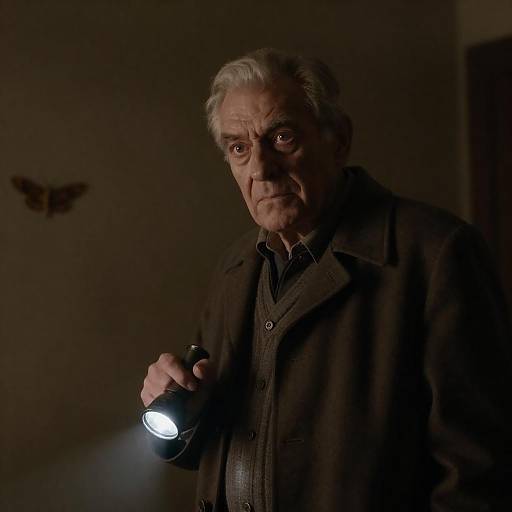 Intense Old Man in Dimly Lit Room