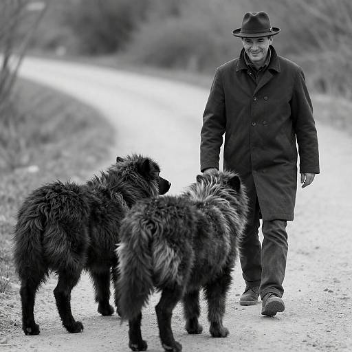 Man in Coat Walking with Furry Animals
