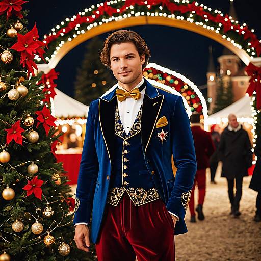 Man in Victorian-Inspired Velvet Outfit at Christmas Market
