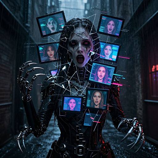 Digital art: Cyberpunk scene of a woman with cracked glass face, multiple holographic faces, sharp claws, in a dark, rainy alley.