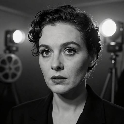 Black-and-white photograph of a serious-looking woman with short, curly hair, wearing a dark top, surrounded by studio lights.