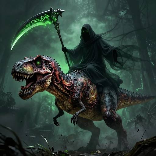 Digital artwork of a dark, hooded figure riding a glowing green scythe-wielding, bloodied, and enraged dinosaur through a foggy, eerie