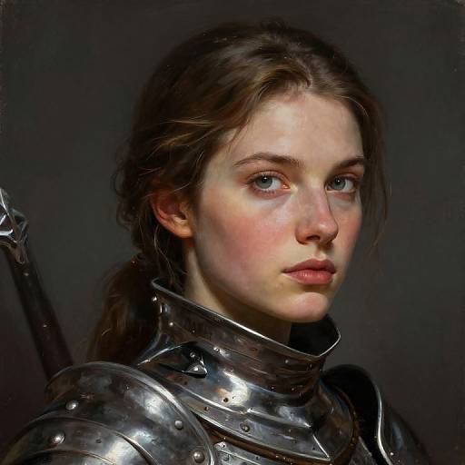 Digital portrait of a young woman with fair skin and blue eyes, wearing polished silver medieval armor, against a dark background.