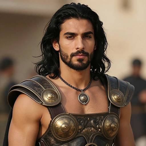 Photograph of a muscular, dark-haired man with a beard, wearing bronze Roman-style armor with circular shoulder plates and a black beaded necklace, standing