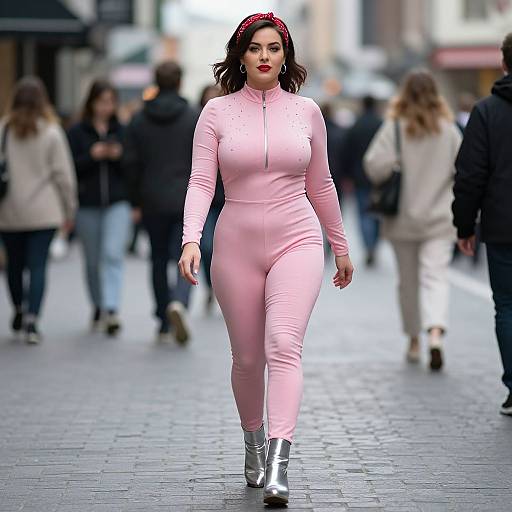 Photograph of a confident woman with dark hair, red headband, pink full-body jumpsuit, and silver boots, walking down a busy, blurred