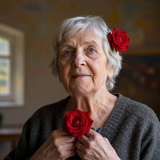 Photograph of an elderly woman with short white hair, holding two red roses, one in each hand, wearing a black sweater, in a softly lit