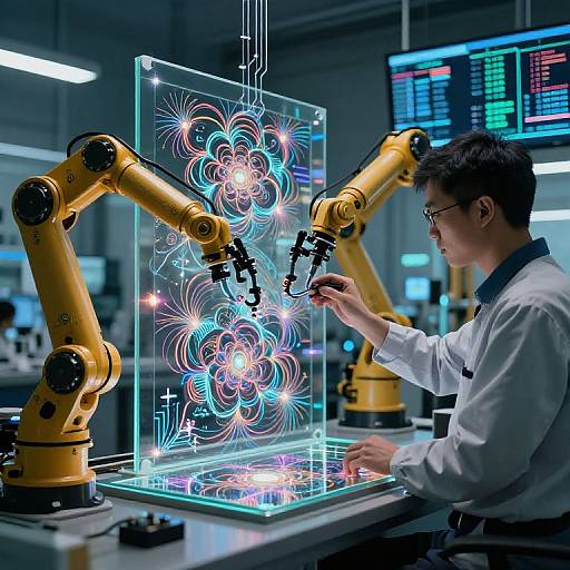 Photograph of a male scientist in a white lab coat operating yellow robotic arms to create neon blue and pink fractal patterns on a transparent screen in a