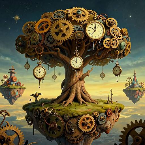 Digital artwork of a steampunk clock tree with intricate gears, floating on a grassy island, set against a twilight sky.