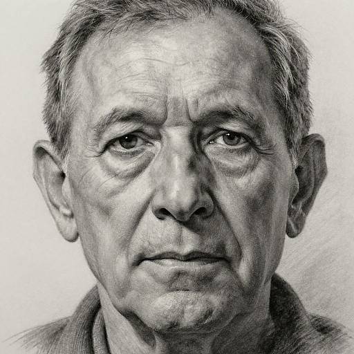 Monochromatic pencil drawing of an elderly man with short, graying hair, wrinkled skin, and a solemn expression, against a plain white background