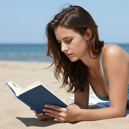 Photograph of a young woman with fair skin and brown hair, wearing a blue bikini top, lying on a sandy beach, intently reading a black