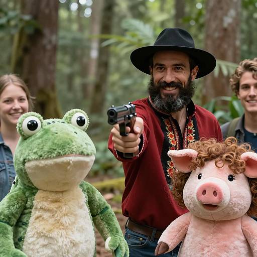 Mischievous Man in Forest with Stuffed Animals