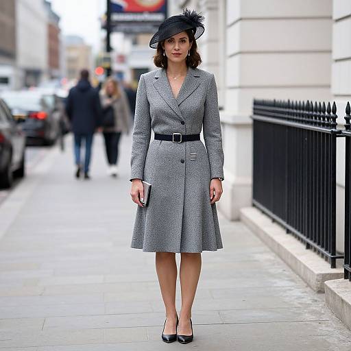 Woman in British Grey Dress and Hat