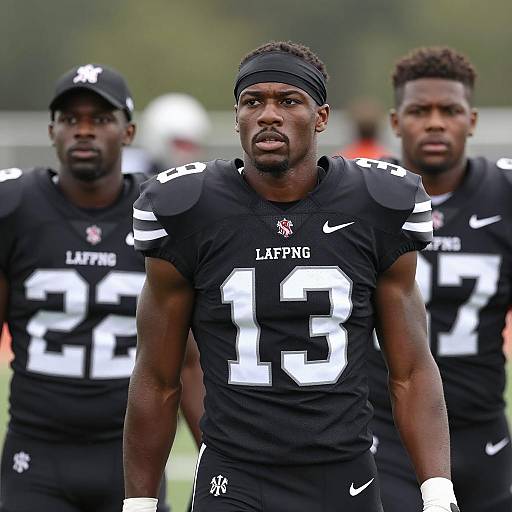 Three African American Football Players in Black Uniforms