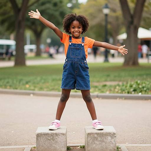 Photograph of a smiling young Black girl with curly hair, wearing orange shirt and blue denim overalls, standing on two concrete blocks in a park with