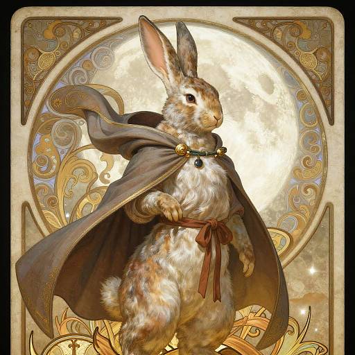 Digital illustration of an anthropomorphic rabbit in a dark cape with a golden brooch, standing against an ornate, glowing backdrop.