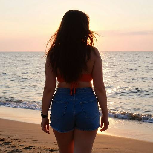 Silhouetted woman with long hair in a tied-back orange top and blue denim shorts stands on a beach at sunset, facing the ocean.