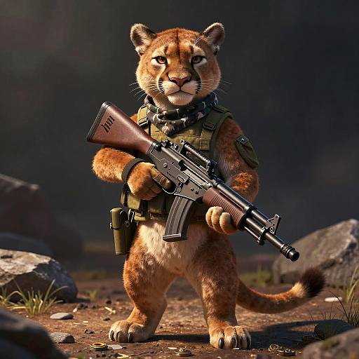 Hyperrealistic Armed Puma in Camouflage