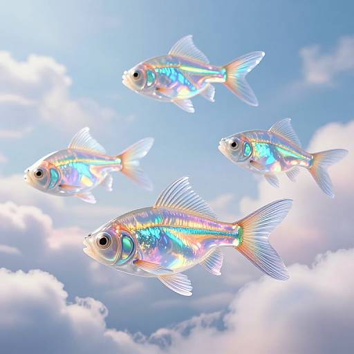 Photorealistic CGI image of four iridescent, rainbow-colored fish swimming in a bright blue sky with fluffy white clouds.