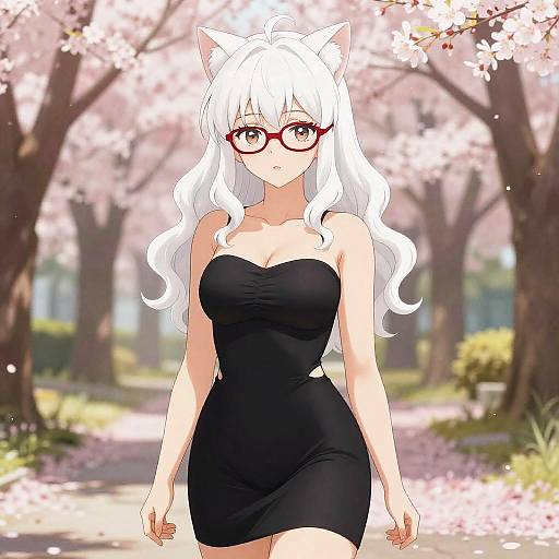 Catgirl with Red Glasses in Cherry Blossoms