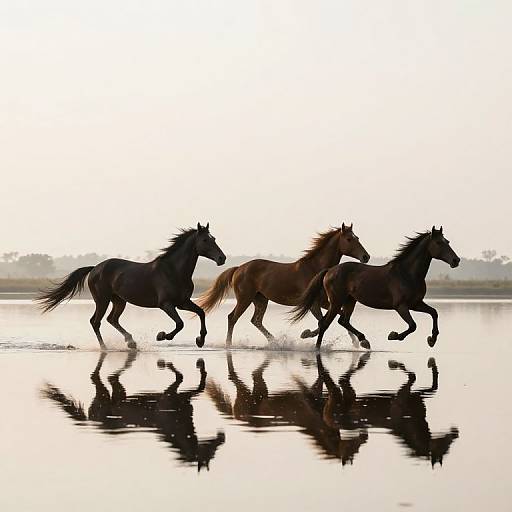 Photograph of four galloping horses in silhouette, reflections on wet ground, white background, and distant hazy landscape. Dynamic and elegant.