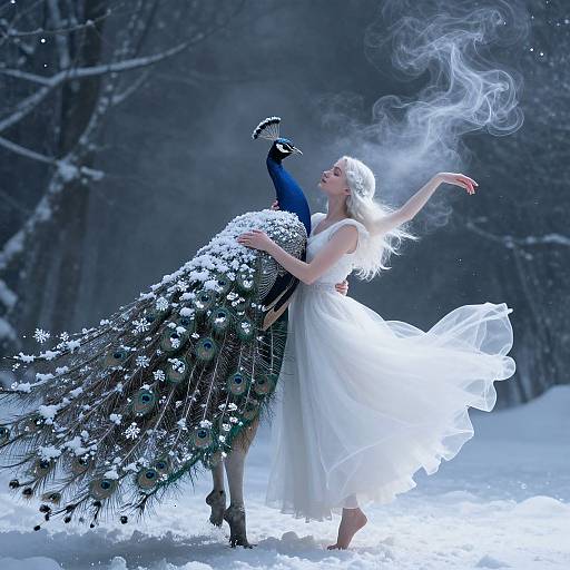 Photograph of a fair-skinned, blonde woman in a flowing white dress, gracefully holding a blue peacock adorned with snow-like feathers, amidst a