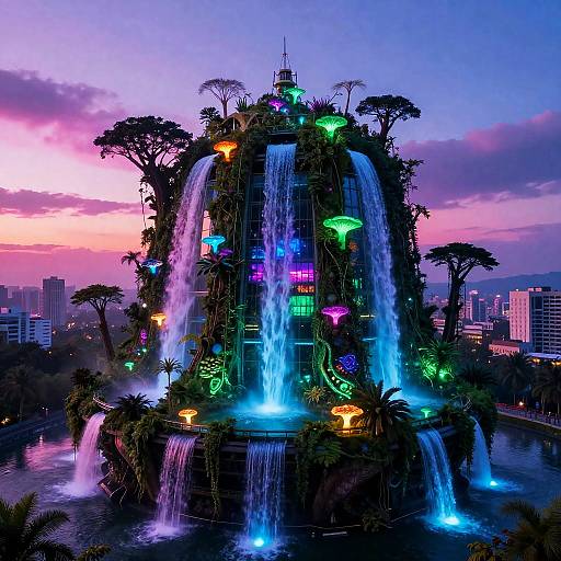 Bioluminescent Rooftop Rainforest Metropolis on Neon Atoll