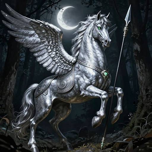 Digital illustration of a silver, winged horse with intricate armor, holding a spear, under a crescent moon in a dark, mystical forest.