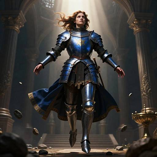 Female Knight in Blue Plate Armor Hovering in Cathedral