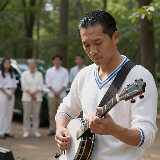 Banjo Player in a Forest Setting