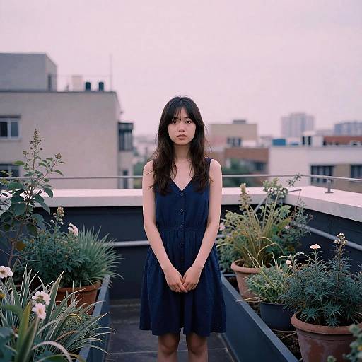 Young woman on urban rooftop garden