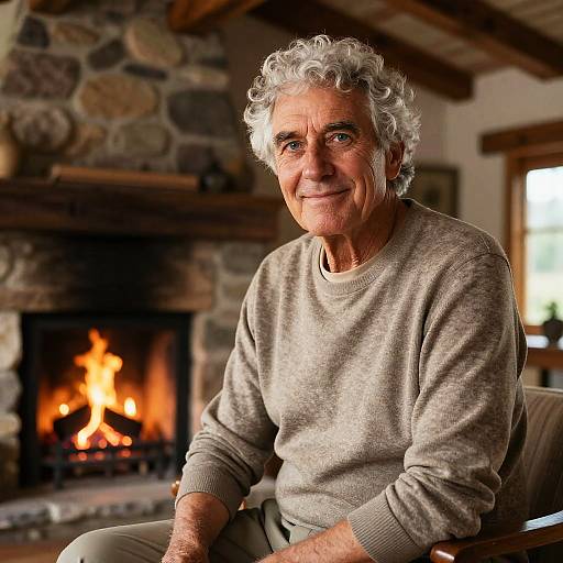 Photograph of an elderly man with curly white hair, wearing a gray sweater, sitting by a warmly lit stone fireplace in a cozy, wooden-beamed
