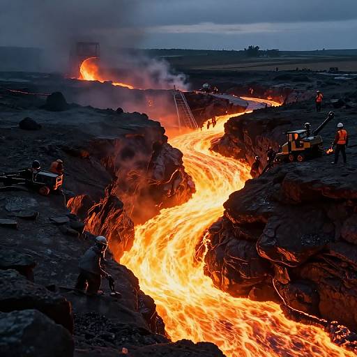 Photograph of a vivid, glowing lava river flowing through dark, rocky terrain with workers in helmets and orange vests, emitting bright orange flames and steam under