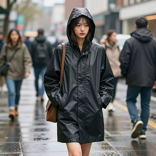 Young Woman in Black Raincoat on City Street