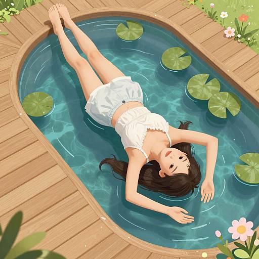 Digital anime-style illustration: Brown-haired girl in white sundress lies in wooden pond with lily pads, arms above head, surrounded by flowers.