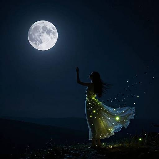Silhouetted woman in flowing dress dances under bright full moon, surrounded by glowing fireflies, in dark night sky. Digital art.