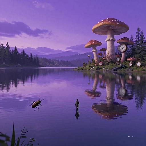 Fantastical digital art: giant purple-spotted mushrooms reflect in a tranquil, purple-hued lake, with a lone figure and a grasshopper