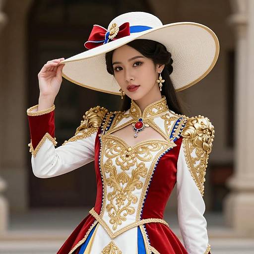 Ornate Female Outfit with Wide Hat