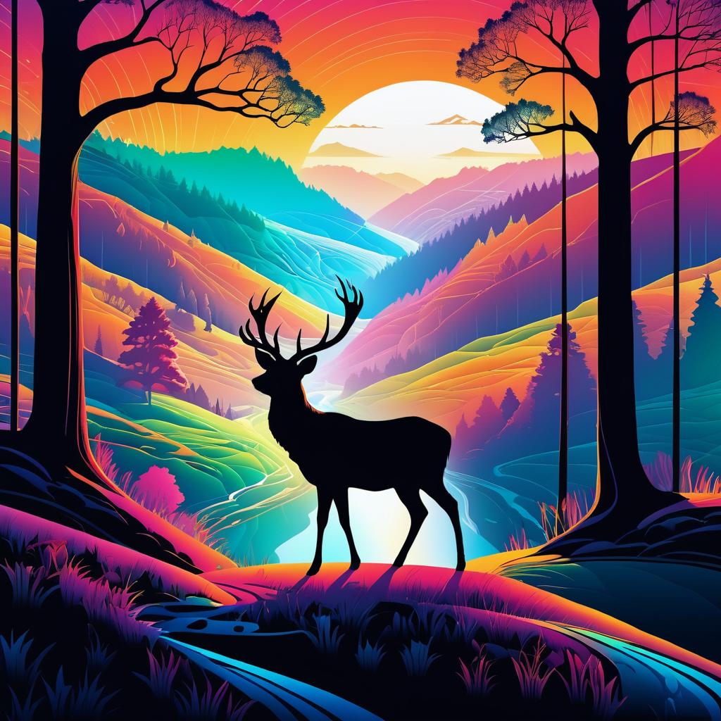 Surreal Deer Silhouette with Vibrant Valley