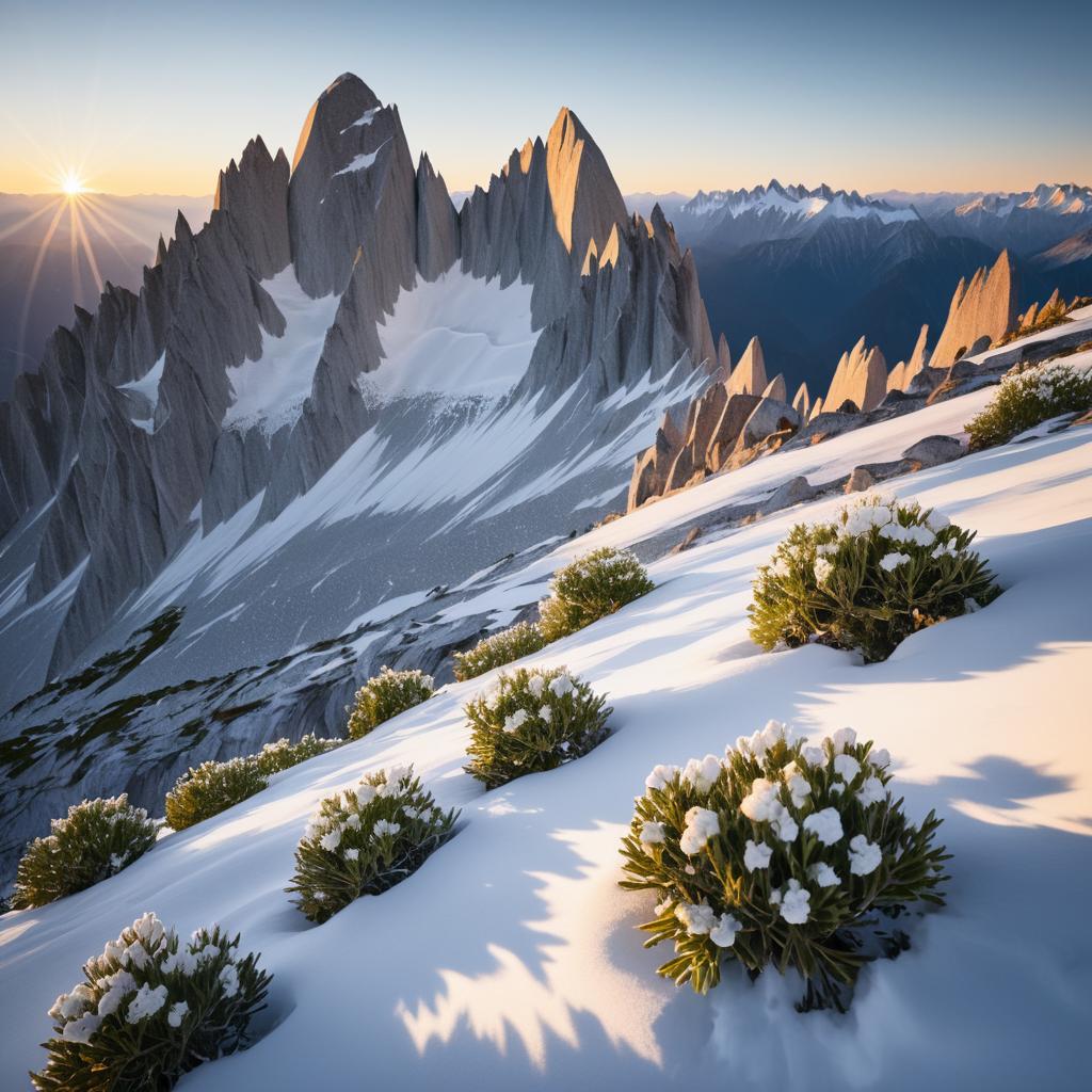 Sunset Peaks with Snowy Shrub Detail