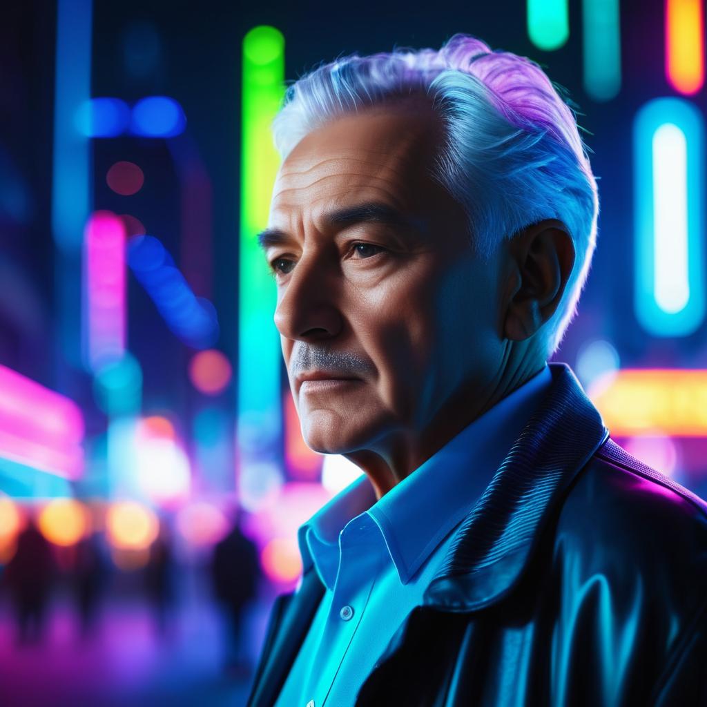 Vibrant Neon Portrait of an Elderly Man