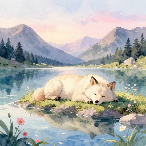 Watercolor-style painting of a white fox sleeping on a grassy island in a serene mountain lake, surrounded by pine trees and reflected in the calm water