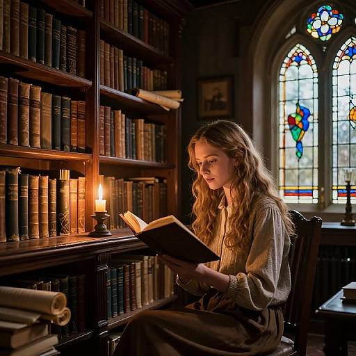 Photograph of a young woman with long, wavy blonde hair reading a book in a dimly lit, wooden library, illuminated by a small lamp