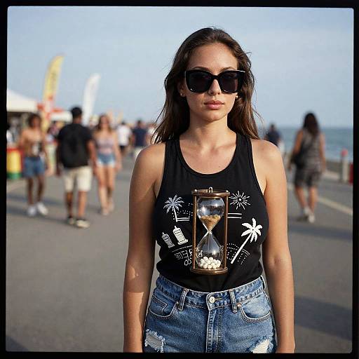 Woman in Black Tank Top with Hourglass Design on Seafront