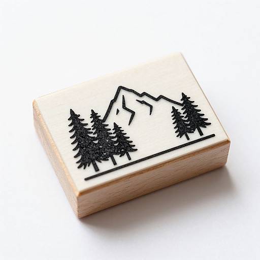 Photograph of a wooden block with black, minimalist line art of snow-capped mountains and pine trees on a white background.